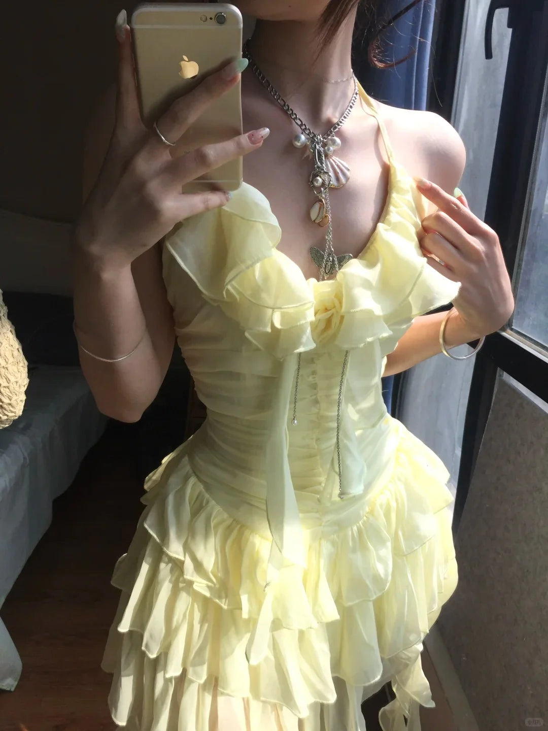 Robe de soirée courte en tulle à volants jaunes, robe d'anniversaire gh4912