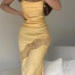 Yellow new lace spaghetti straps sexy backless mid-length elegant satin prom dress evening dress party dress gh1977