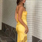 Yellow new lace spaghetti straps sexy backless mid-length elegant satin prom dress evening dress party dress gh1977