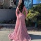 Langärmliges A-Linien-Ballkleid mit Pailletten, glänzendes rosa Abendkleid mit Schlitz gh2751