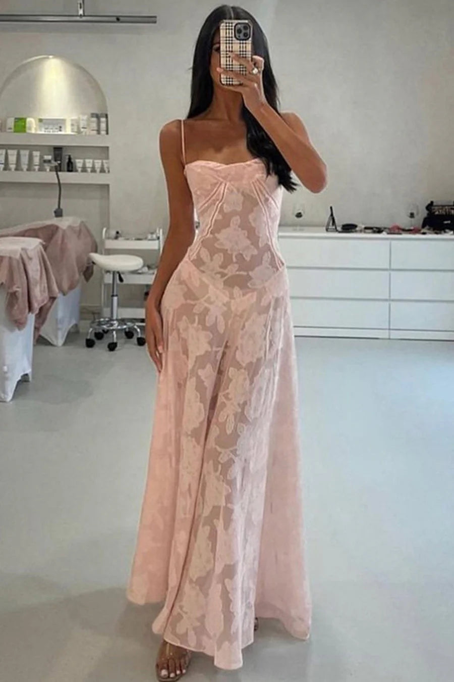 Pink fashion elegant spaghetti strap bodycon long lace prom dress evening gown party dress gh2734