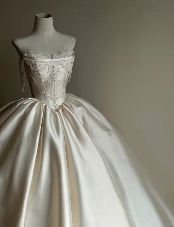 Girlhomeshops-White satin long elegant tulle wedding prom dress gh5435