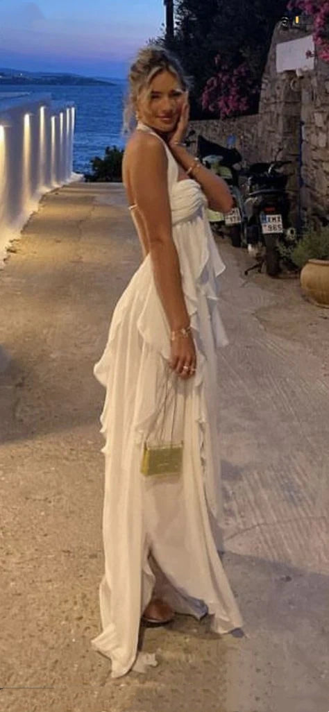 Robe de soirée en mousseline de soie blanche, couleur pure, jeune, élégante, douce, longue, à volants, irrégulière, pour bord de mer, plage, vacances, robe de soirée, robe de bal, gh3538