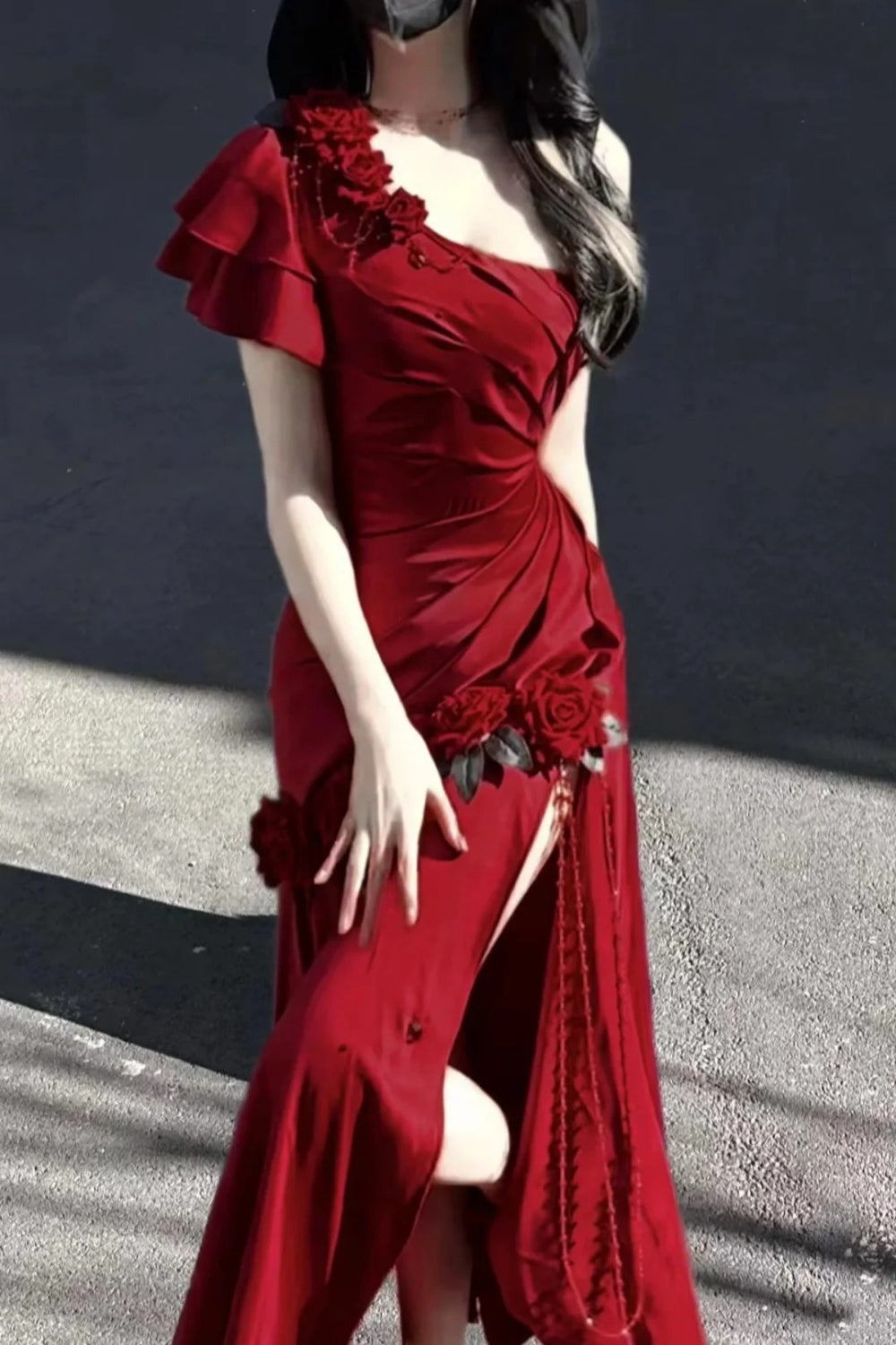 Rotes, schulterfreies, langes Retro-Kleid mit Blumenmuster gh6657