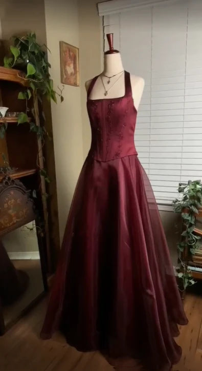 Burgunderrotes, elegantes, glänzendes, mit Perlen besetztes, langes Tüll-Ballkleid, Abendkleid, Partykleid gh3457