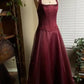 Burgunderrotes, elegantes, glänzendes, mit Perlen besetztes, langes Tüll-Ballkleid, Abendkleid, Partykleid gh3457