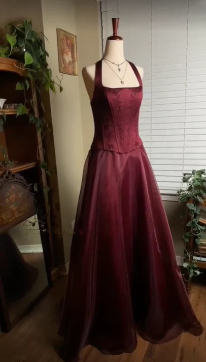 Burgunderrotes, elegantes, glänzendes, mit Perlen besetztes, langes Tüll-Ballkleid, Abendkleid, Partykleid gh3457