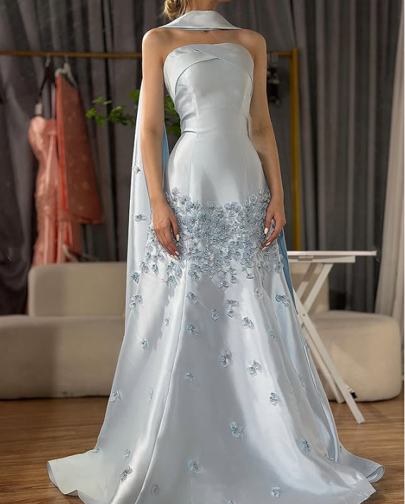 Blue gorgeous exquisite floral beaded long satin ball gown evening gown graduation dress gh3275