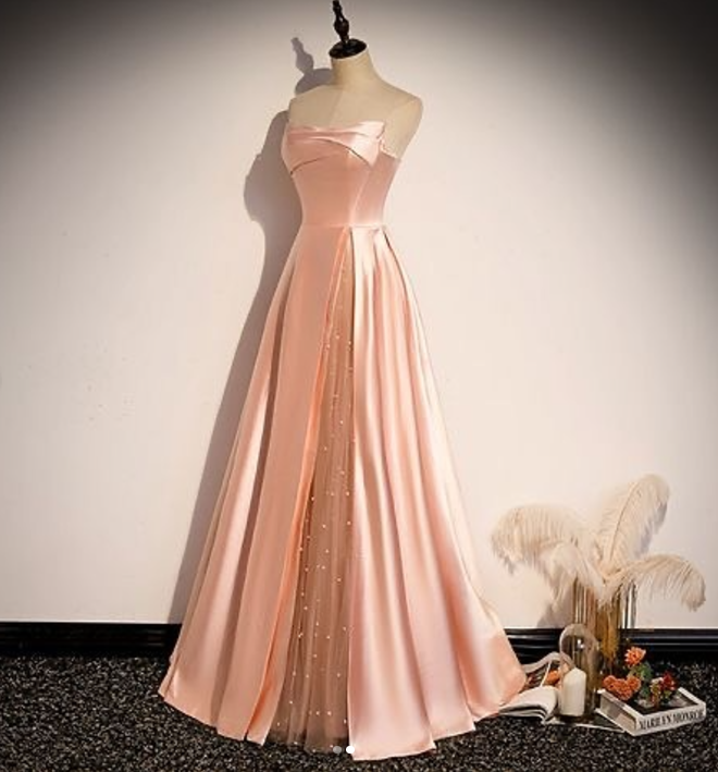 Pink Simple Elegant A-line Long Satin Ball Gown Evening Gown Bridesmaid Dress 8984