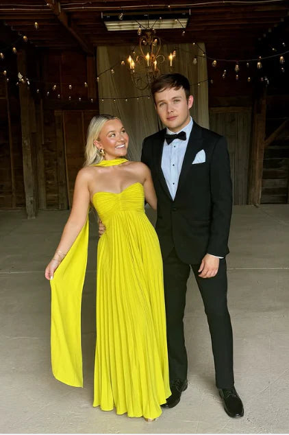 Robe de soirée longue en mousseline de soie, simple et élégante, avec haut tube et épaules dénudées, avec foulard, jaune et vert, gh3662