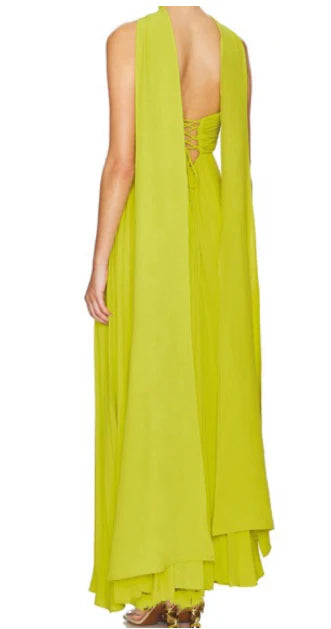 Robe de soirée longue en mousseline de soie, simple et élégante, avec haut tube et épaules dénudées, avec foulard, jaune et vert, gh3662