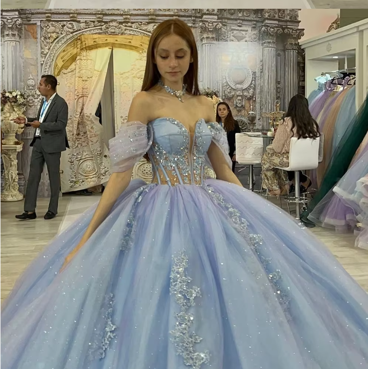 Blau glänzend elegant süß süß exquisite Perlen lange Tüll Prinzessin Ballkleid, Abendkleid, Zeremoniekleid für Erwachsene gh3535