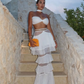 Robe de soirée longue deux pièces en dentelle florale bleue à volants gh3011