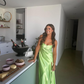 Green Fashion Elegant Spaghetti Strap Long Satin Ball Gown Evening Dress Wedding Guest Birthday Party Dress Prom Dress gh3762
