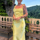 💛🍋Gelbes, modisches, elegantes, langes, schmal geschnittenes Ballkleid aus Satin mit Rüschen, Abendkleid, Gartenpartykleid, Abschlussballkleid, Ballkleid, Partykleid für Hochzeitsgäste, Brautjungfernkleid gh3984