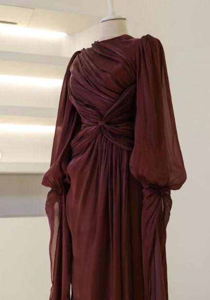 Robe de soirée bordeaux à manches longues, coupe trapèze, robe de bal, gh4317