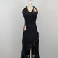 Robe de bal longue/mi-longue en mousseline de soie, noire, vintage, col licou, broderie florale rose, gh4652