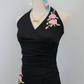 Robe de bal longue/mi-longue en mousseline de soie, noire, vintage, col licou, broderie florale rose, gh4652