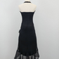 Robe de bal longue/mi-longue en mousseline de soie, noire, vintage, col licou, broderie florale rose, gh4652
