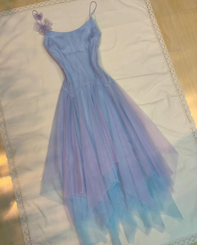 Robe de soirée courte/mi-longue en mousseline de soie, motif fée violet et bleu, pour fête d'anniversaire, gh4744