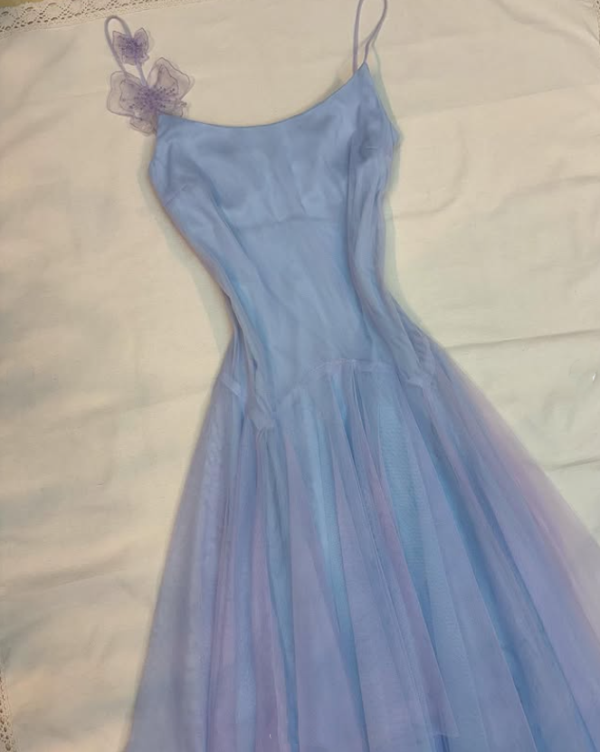 Robe de soirée courte/mi-longue en mousseline de soie, motif fée violet et bleu, pour fête d'anniversaire, gh4744