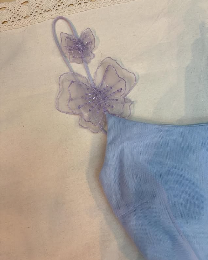 Robe de soirée courte/mi-longue en mousseline de soie, motif fée violet et bleu, pour fête d'anniversaire, gh4744