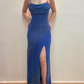 Robe de soirée longue en satin bleu scintillant gh4812