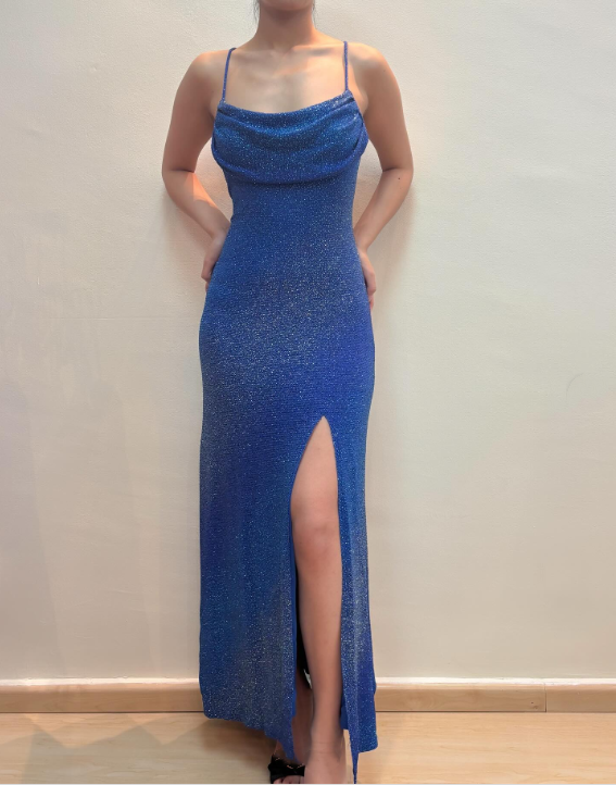 Robe de soirée longue en satin bleu scintillant gh4812