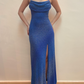 Robe de soirée longue en satin bleu scintillant gh4812