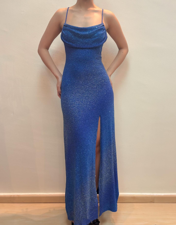 Robe de soirée longue en satin bleu scintillant gh4812