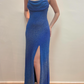 Robe de soirée longue en satin bleu scintillant gh4812