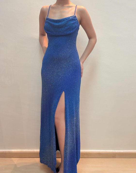 Robe de soirée longue en satin bleu scintillant gh4812