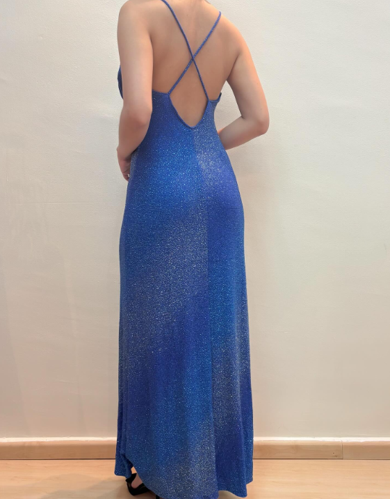 Robe de soirée longue en satin bleu scintillant gh4812
