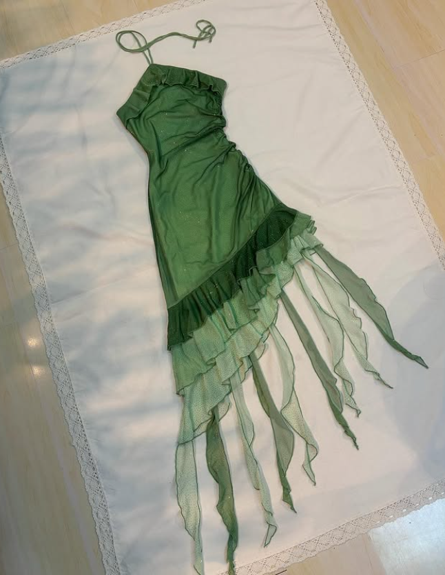 Robe de soirée en mousseline de soie verte brillante à volants, robe de soirée d'anniversaire tendance gh4814