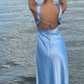 Robe de soirée longue en satin bleu simple et élégante à col en V gh3165