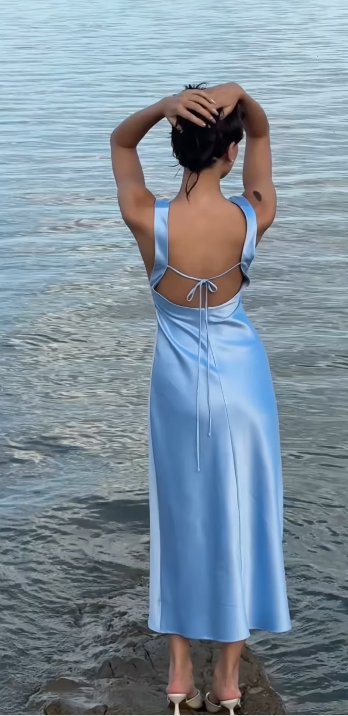 Robe de soirée longue en satin bleu simple et élégante à col en V gh3165