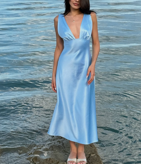 Robe de soirée longue en satin bleu simple et élégante à col en V gh3165