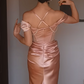 Rosa Vintage Perlen Perlen lange Satin formale Ballkleid Abendkleid Partykleid Brautjungfer Kleider gh4899