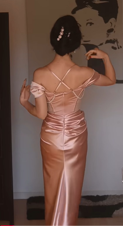Rosa Vintage Perlen Perlen lange Satin formale Ballkleid Abendkleid Partykleid Brautjungfer Kleider gh4899