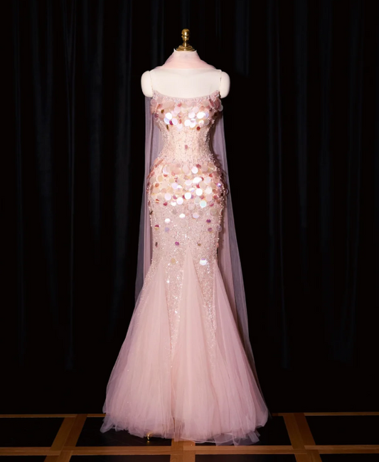 girlhomeshops--Pink Mermaid Sequined Long Tulle Prom Dress Evening Gown gh5701