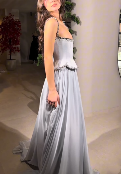 girlhomeshops-Grau elegante exquisite Perlen Retro elegante lange Ballkleid Brautjungfer Kleid gh5759
