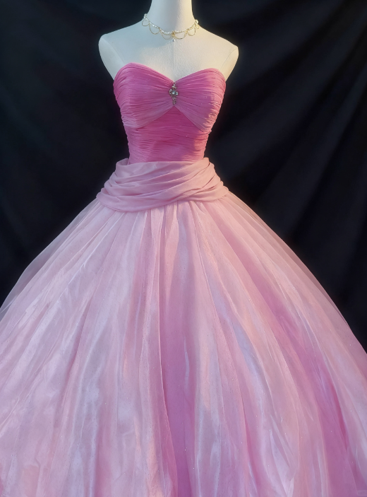 girlhomeshops-Rosa Farbverlauf Trägerloses Langarm-Organza-Kleid gh5822