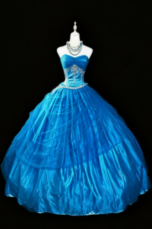 girlhomeshops-Blaues trägerloses langes Organza-Kleid gh5823