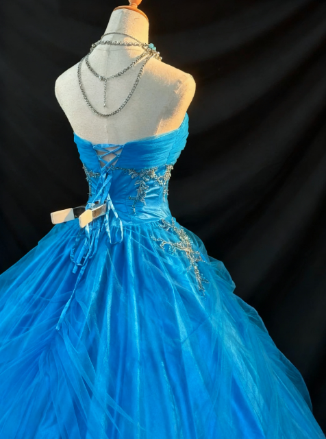 girlhomeshops-Blaues trägerloses langes Organza-Kleid gh5823