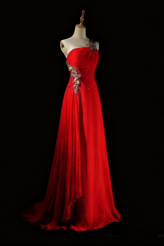 girlhomeshops-Glamorous Shiny Red Crystal One Shoulder Prom Dress gh5849