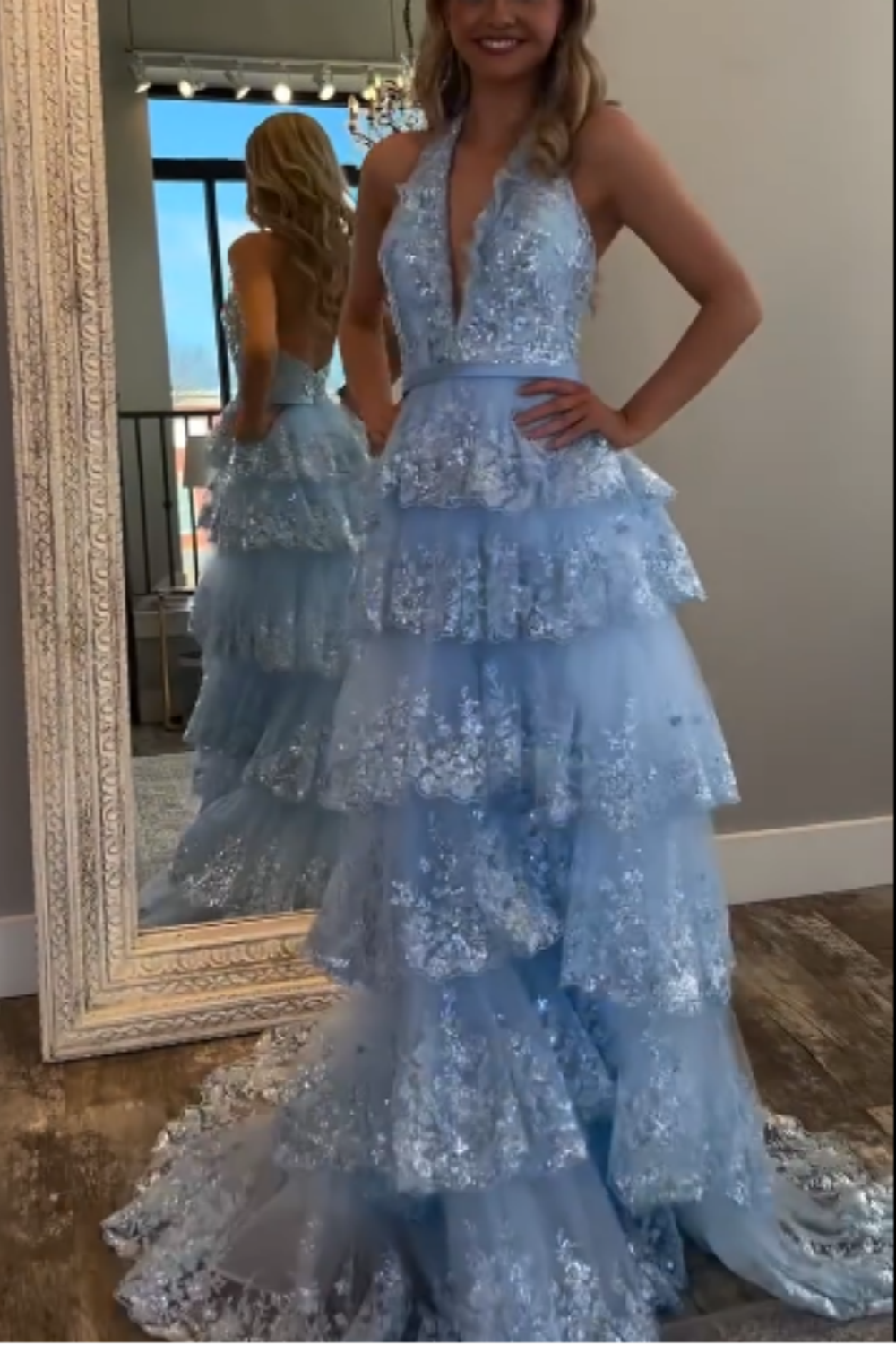 girlhomeshops-Blue Long Princess Shiny Sequins Long Tulle Ball Gown Graduation Dress gh5926