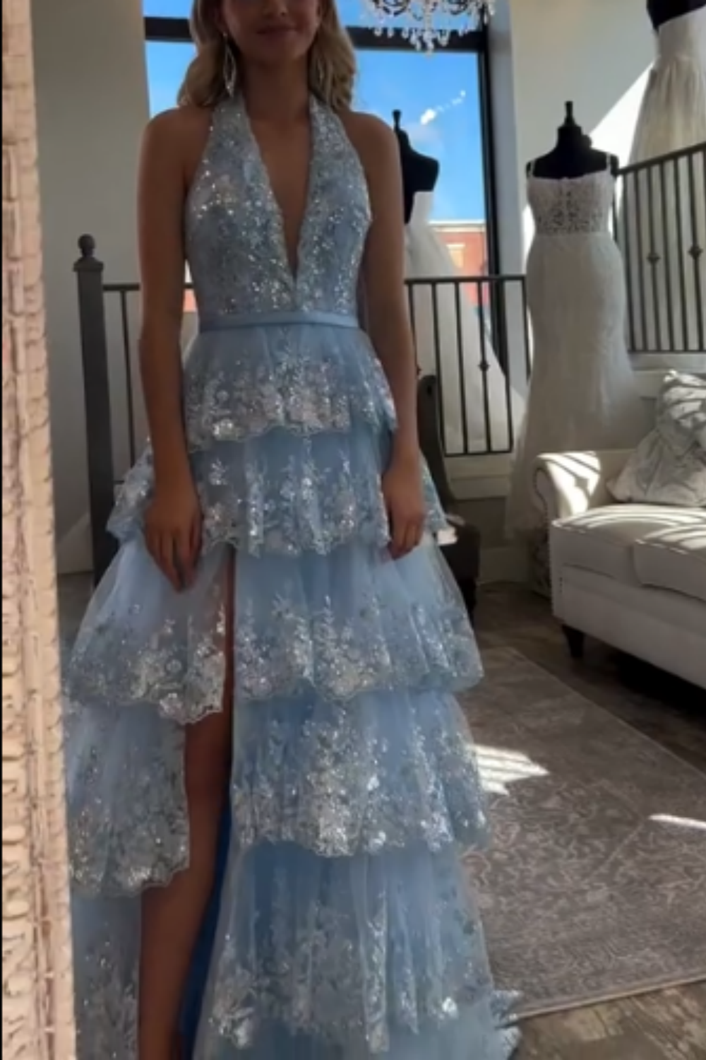 girlhomeshops-Blue Long Princess Shiny Sequins Long Tulle Ball Gown Graduation Dress gh5926
