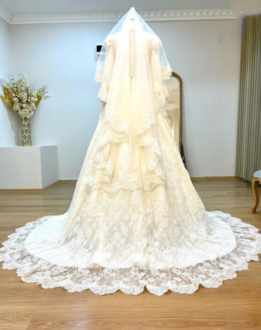 Vintage-Kleid mit Puffärmeln, Schleppe aus Spitze und Tüll | Edwardianisches Ballkleid im Maxi-Stil mit hohem Kragen für Hochzeit, Braut, Gala und Ball gh6409