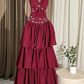 girlhomeshops-Burgundy Chiffon Long Dress With Delicate Beading gh6251