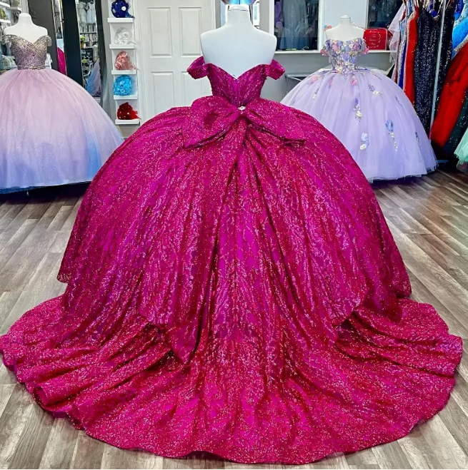 Robe de bal fuchsia à sequins épaules dénudées : tulle pailleté épais, décolleté en cœur, taille cintrée, robe de princesse pour banquet (gh6588)